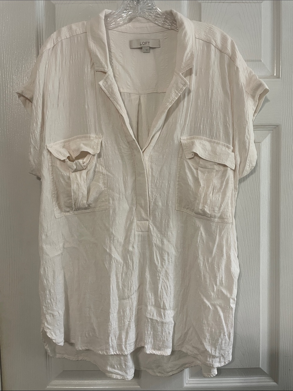 LOFT Size XL Off White Viscose Short Sleeve Textured Half Button Utility Shirt
